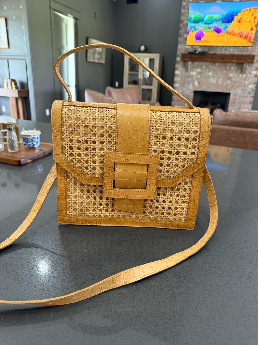 Woven Rattan Crossbody Bag with Buckle in Mustard Handmade Leather